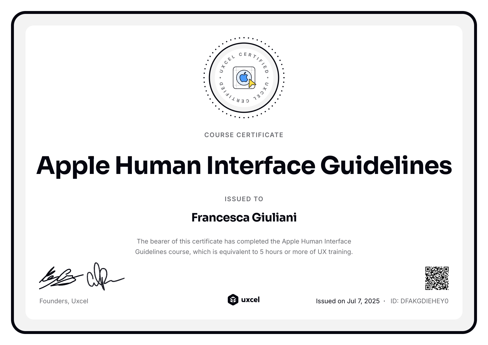 Francesca Giuliani's certificate